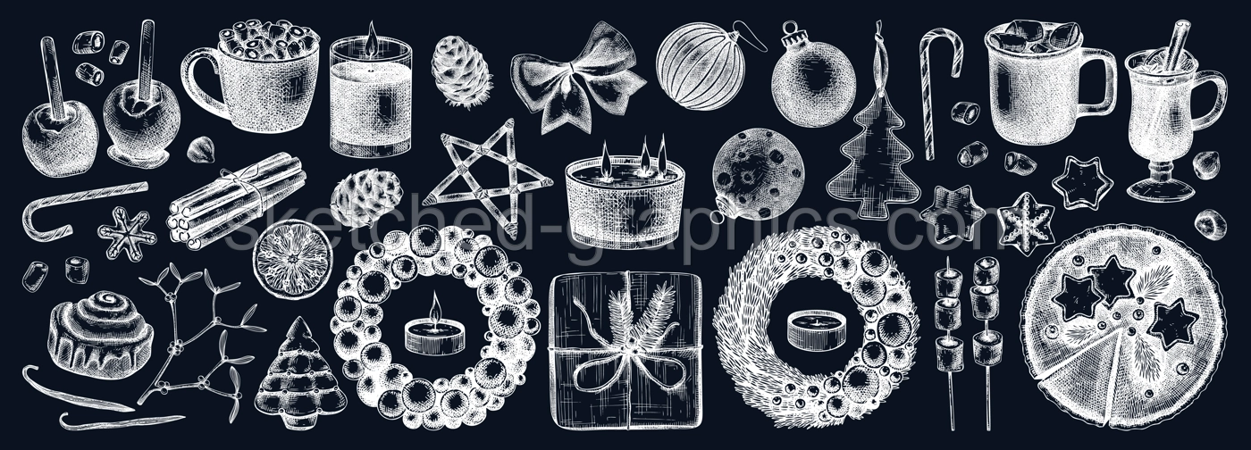 Christmas decoration - wreaths, gifts, sweets, Christmas tree decor, hot drinks and spices sketches. Vintage design elements for winter holyday on chalkboard. New Year greeting card or invitation. Illustration